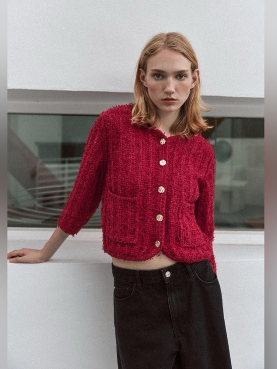 Zara Sweaters - Zara Womens Sweater S Red Knit Cardigan 3/4 Sleeve Gold Button
Crop